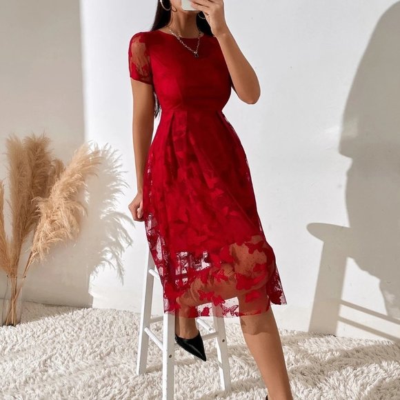 . Dresses & Skirts - Red Preppy Womens Butterfly Print Popover Hem Dress